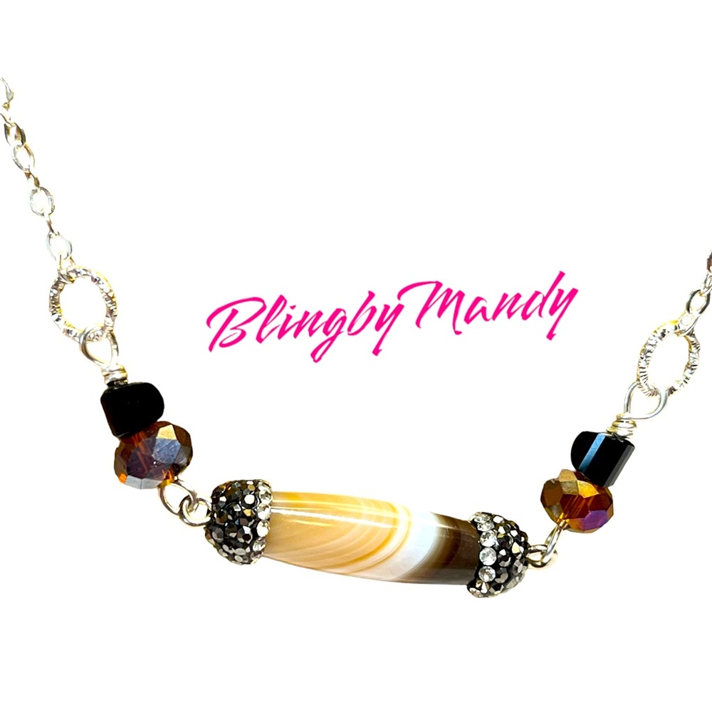 Pretty handcrafted necklace with marcasite and agate focal and Swarovski